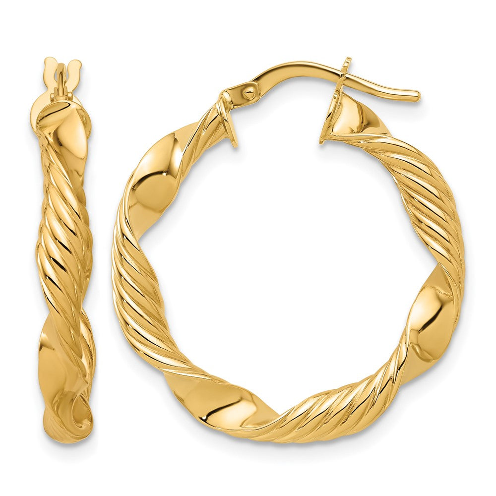 14K Polished and Textured Round Hoop Earrings