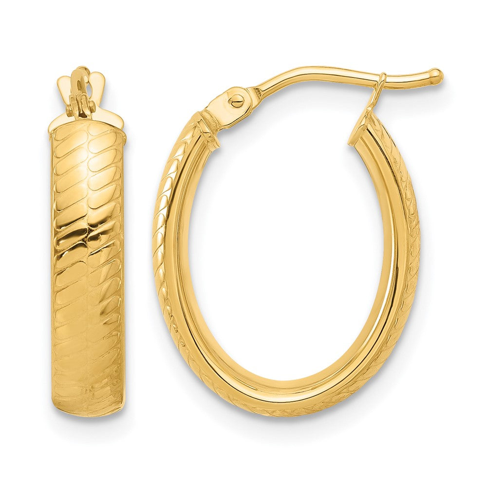 14K Polished and Textured Oval Hoop Earrings