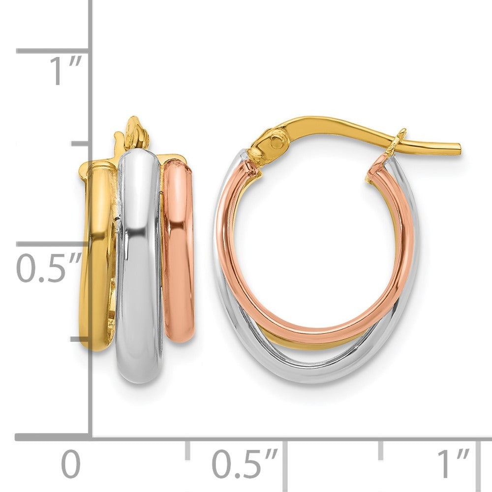 14K with White Rhodium and Rose Gold Plating Polished 3 Row Oval Hoop Earrings