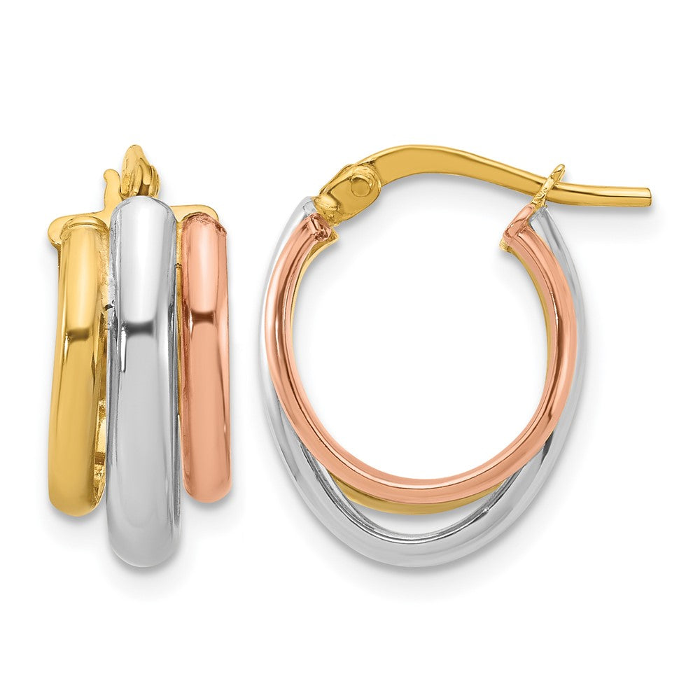 14K with White Rhodium and Rose Gold Plating Polished 3 Row Oval Hoop Earrings