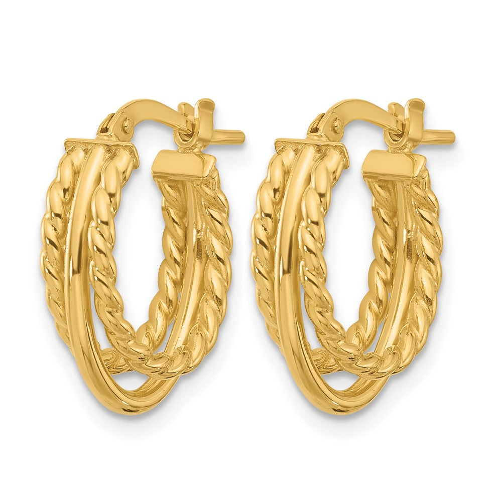 14K Polished and Textured 3-Row J-Hoop Post Earrings