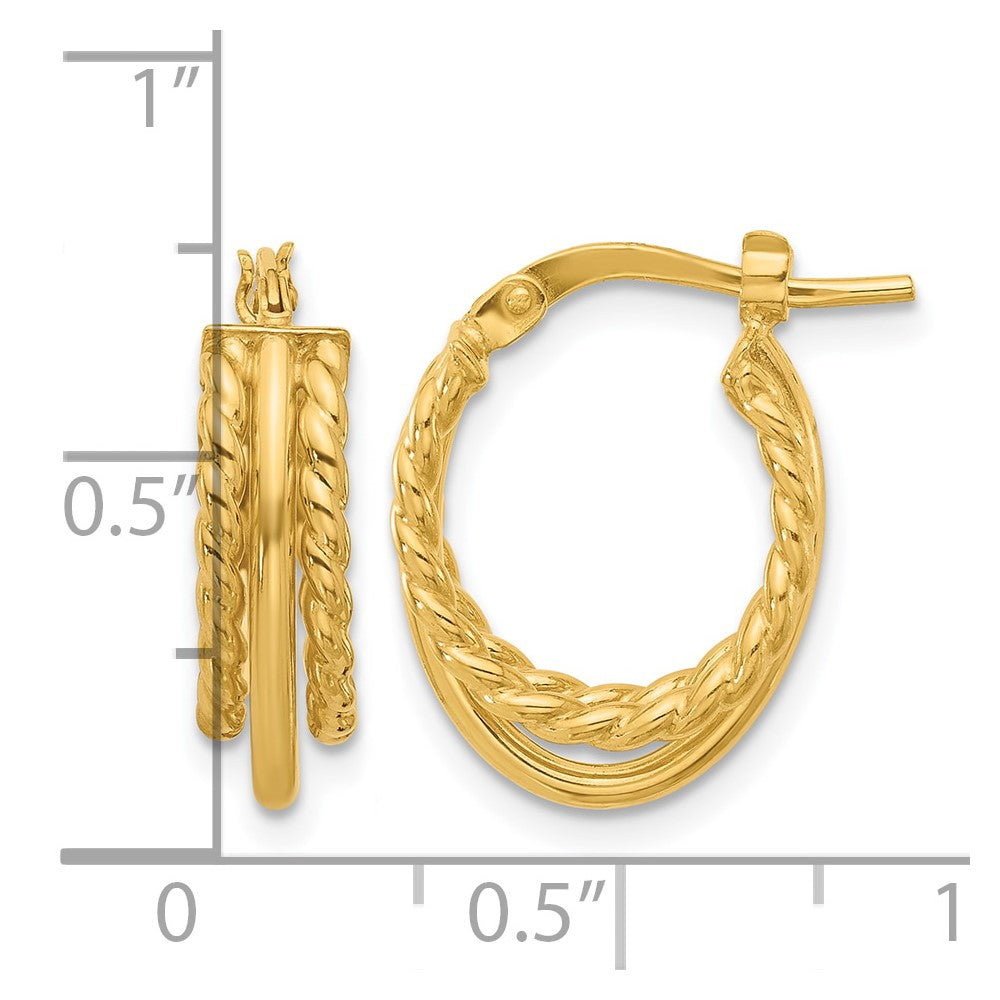 14K Polished and Textured 3-Row J-Hoop Post Earrings