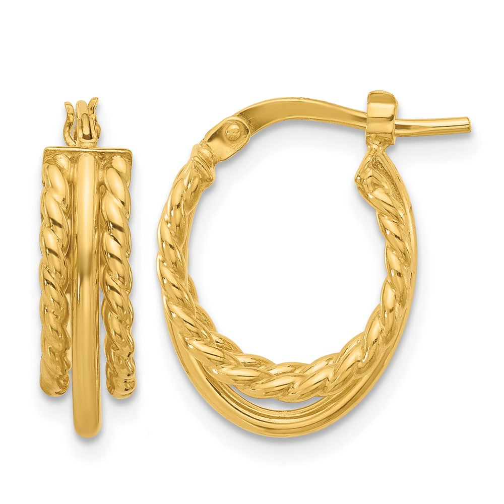 14K Polished and Textured 3-Row J-Hoop Post Earrings