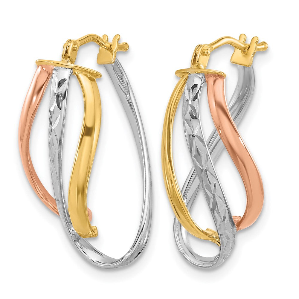 14K with White Rhodium and Rose Gold Plating Polished and Diamond-cut Fancy Hoop Earrings
