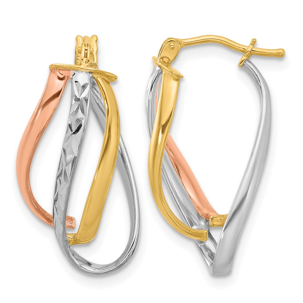 14K with White Rhodium and Rose Gold Plating Polished and Diamond-cut Fancy Hoop Earrings