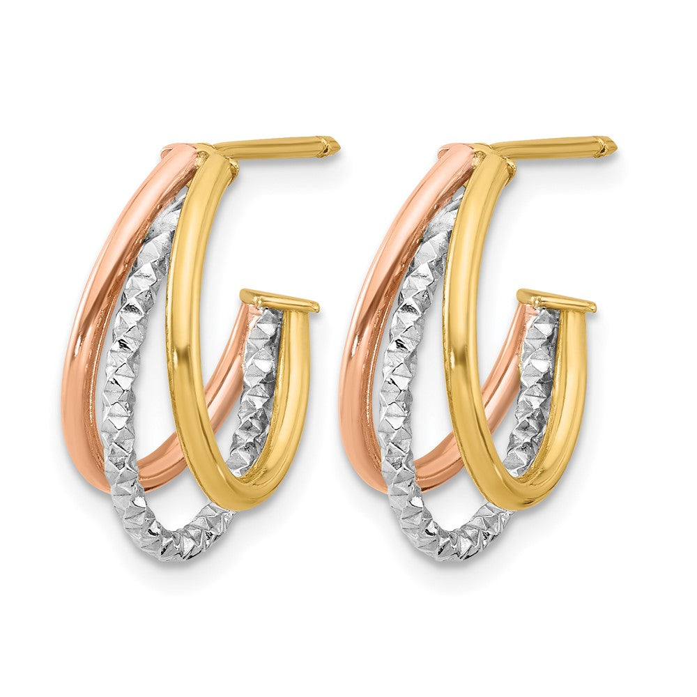 14K with White Rhodium and Rose Gold Plating Textured 3 Row Post J-Hoop Earrings