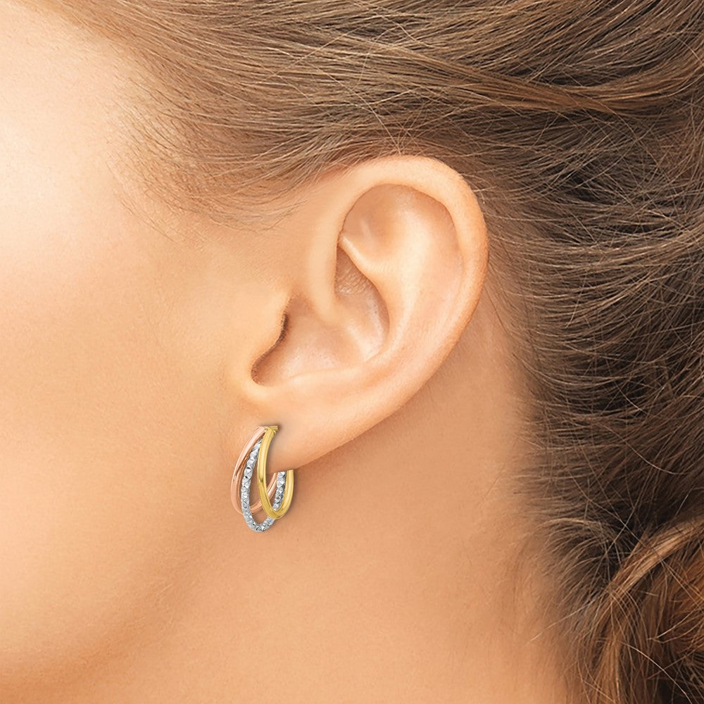 14K with White Rhodium and Rose Gold Plating Textured 3 Row Post J-Hoop Earrings