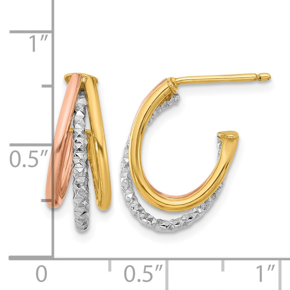 14K with White Rhodium and Rose Gold Plating Textured 3 Row Post J-Hoop Earrings