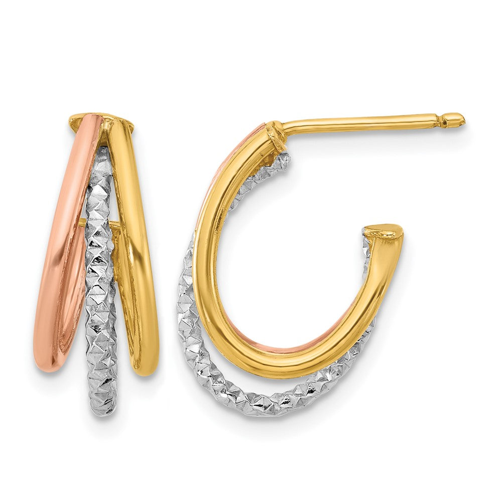 14K with White Rhodium and Rose Gold Plating Textured 3 Row Post J-Hoop Earrings