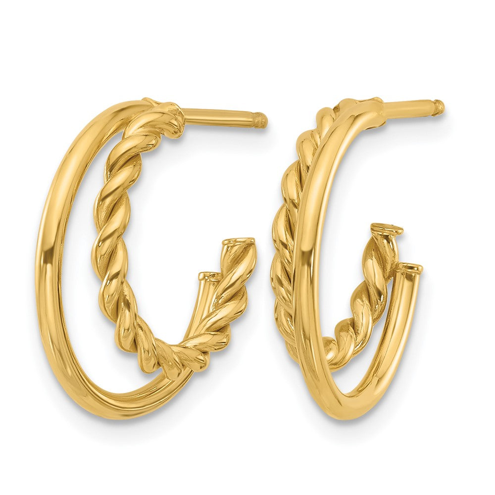 14K Polished and Textured 2-Row J-Hoop Post Earrings
