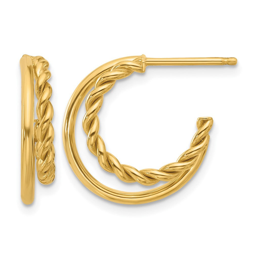 14K Polished and Textured 2-Row J-Hoop Post Earrings
