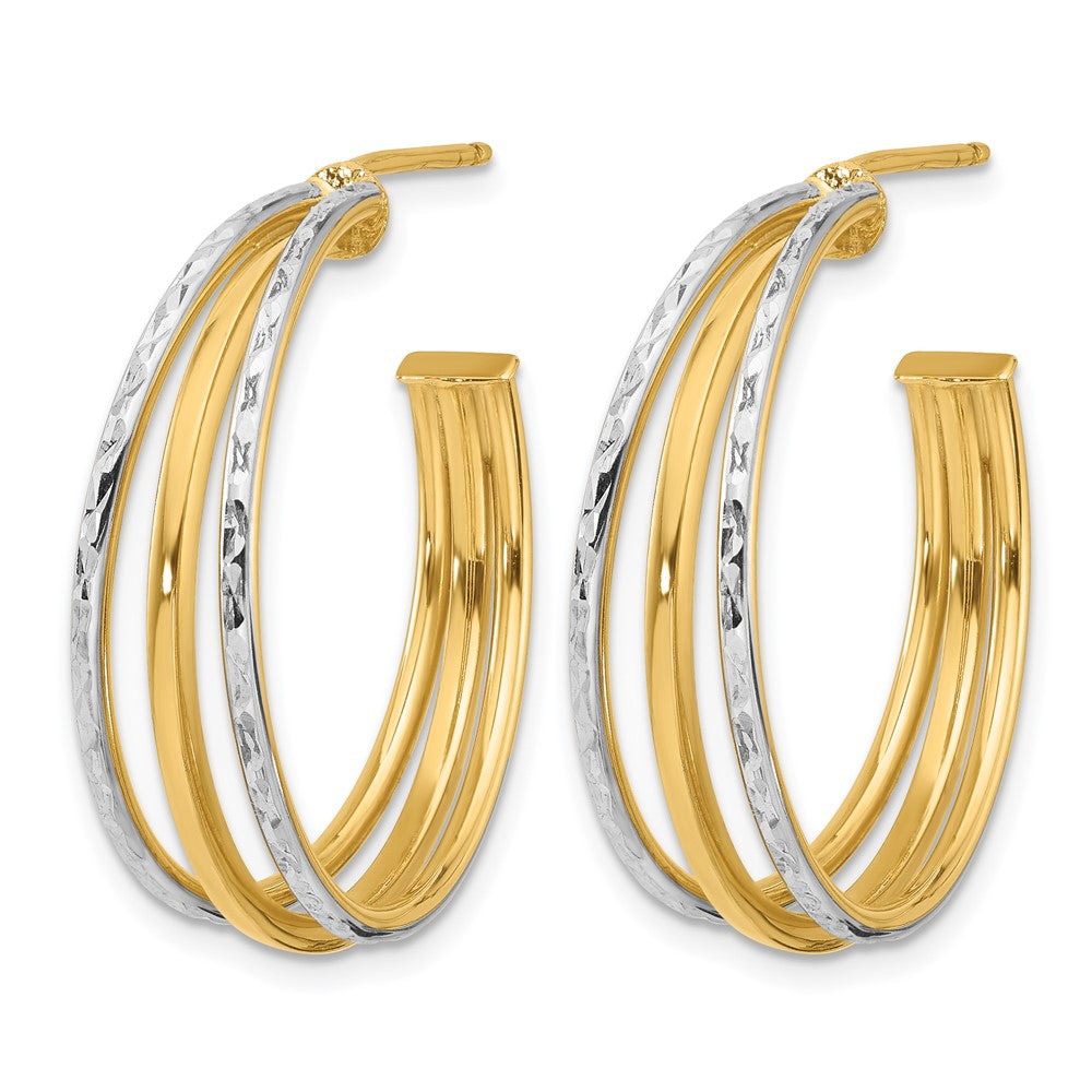 14K w/White Rhodium and D/C 3-Row Round J-Hoop Post Earrings