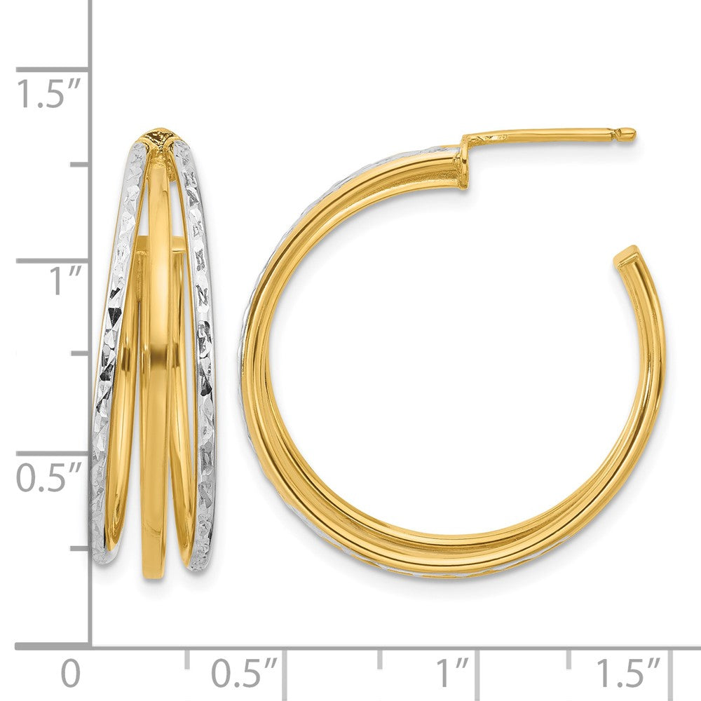 14K w/White Rhodium and D/C 3-Row Round J-Hoop Post Earrings