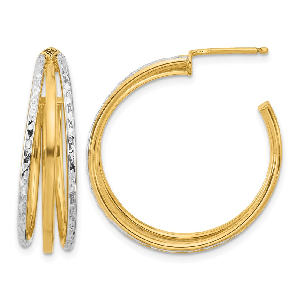 14K w/White Rhodium and D/C 3-Row Round J-Hoop Post Earrings
