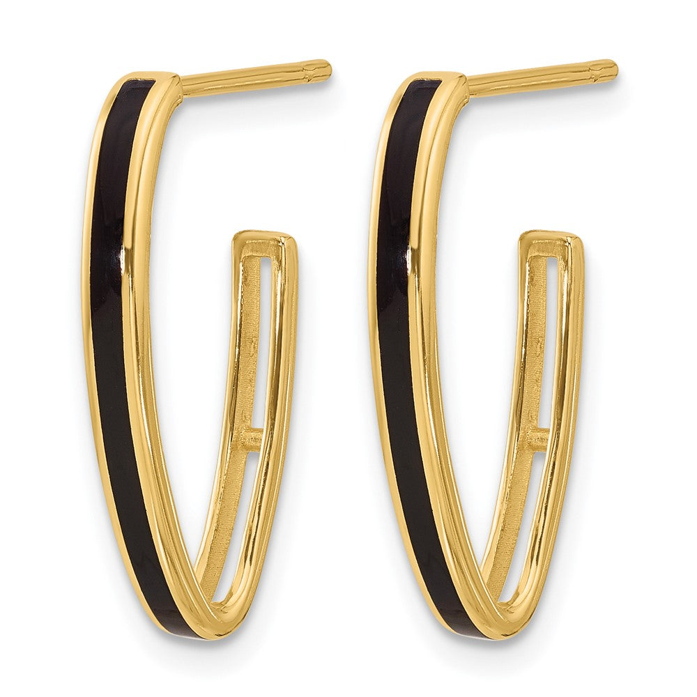 14K Polished with Black Enamel Oval J-hoop Post Earrings