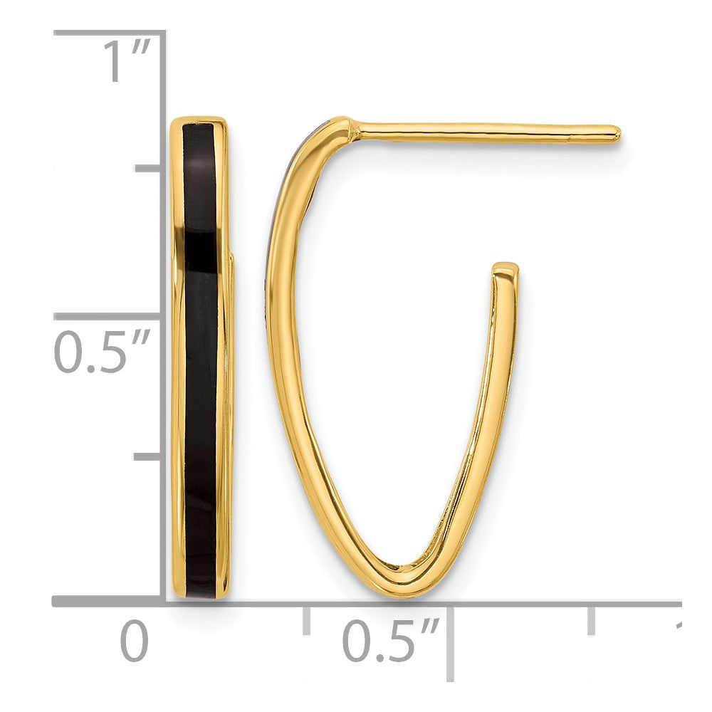14K Polished with Black Enamel Oval J-hoop Post Earrings