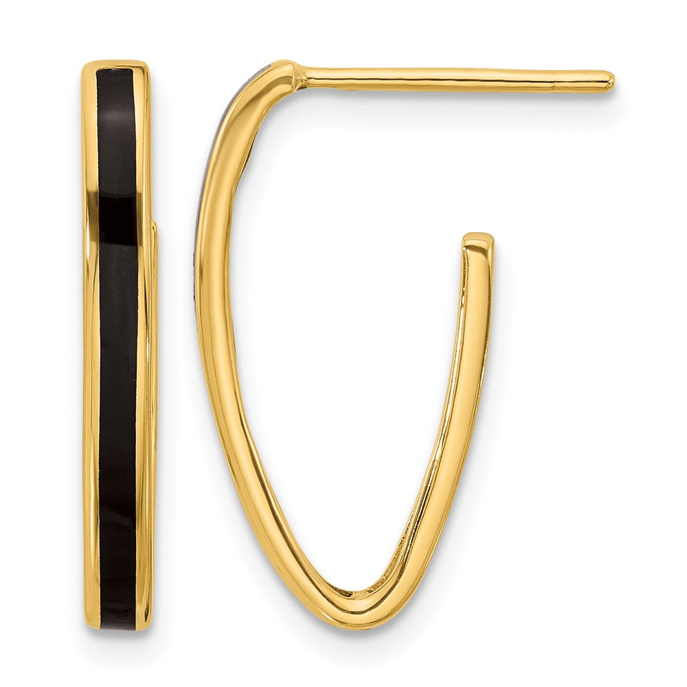 14K Polished with Black Enamel Oval J-hoop Post Earrings