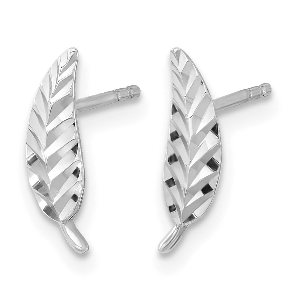 14K White Gold Polished and Diamond-cut Leaf Post Earrings