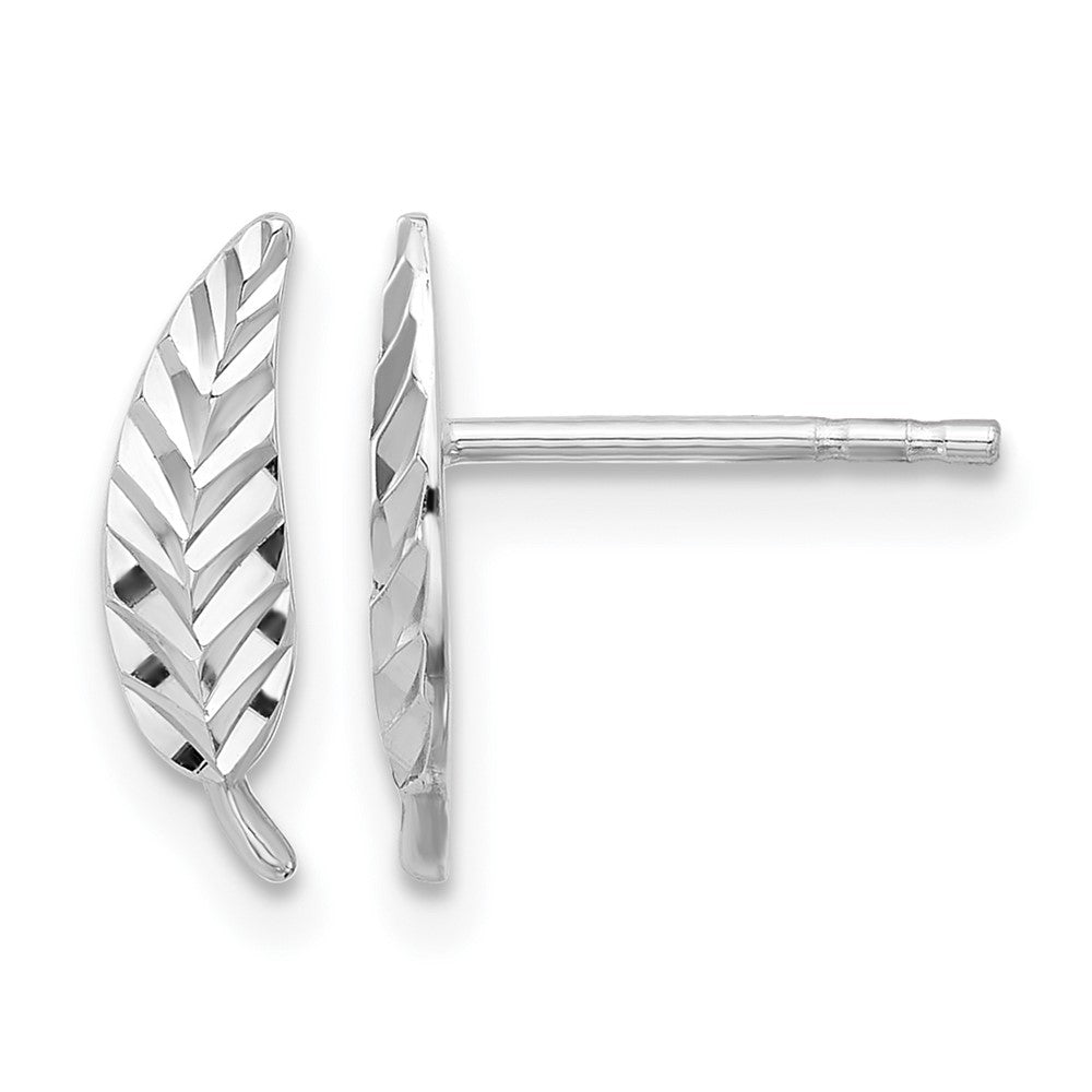 14K White Gold Polished and Diamond-cut Leaf Post Earrings