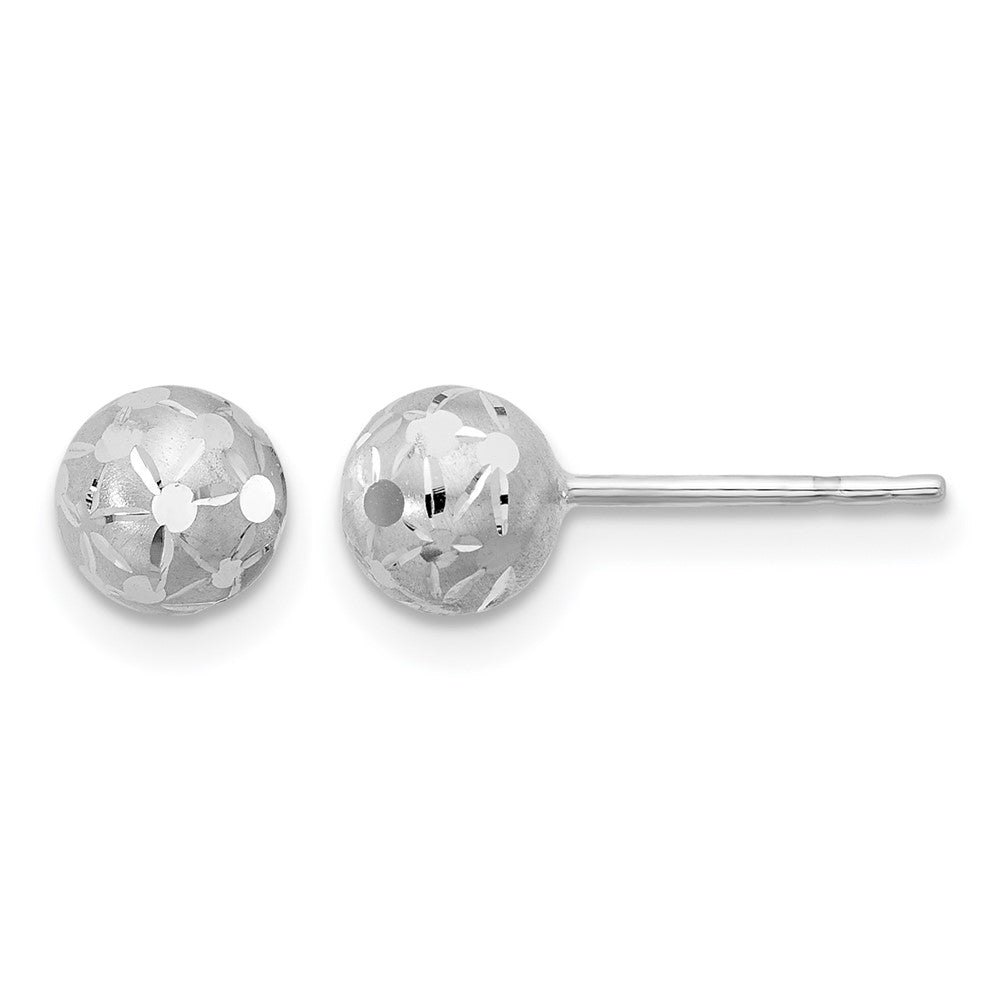 14K White Gold Polished/Satin and Diamond-cut Ball Post Earrings