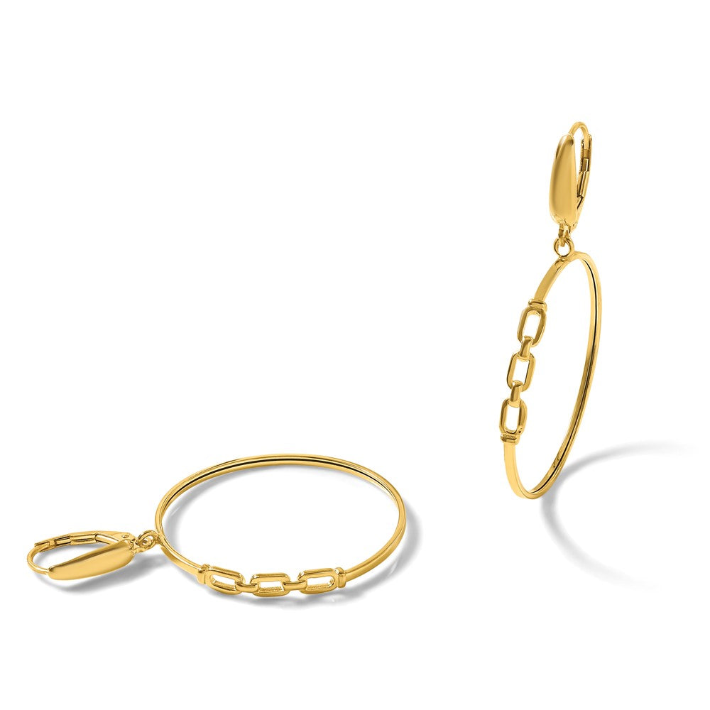 14K Polished Link Design Leverback Hoop Earrings