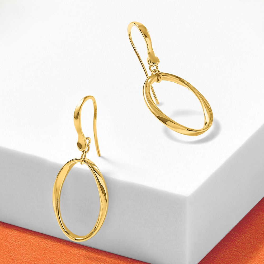 14k Polished Oval Shepherd Hook Dangle Earrings