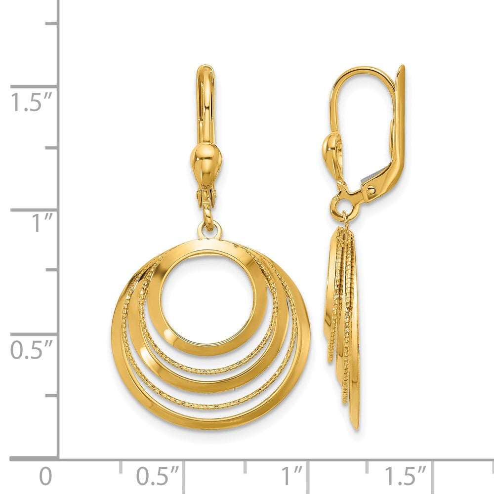 14K Polished and Diamond-cut Circles Dangle Leverback Earrings