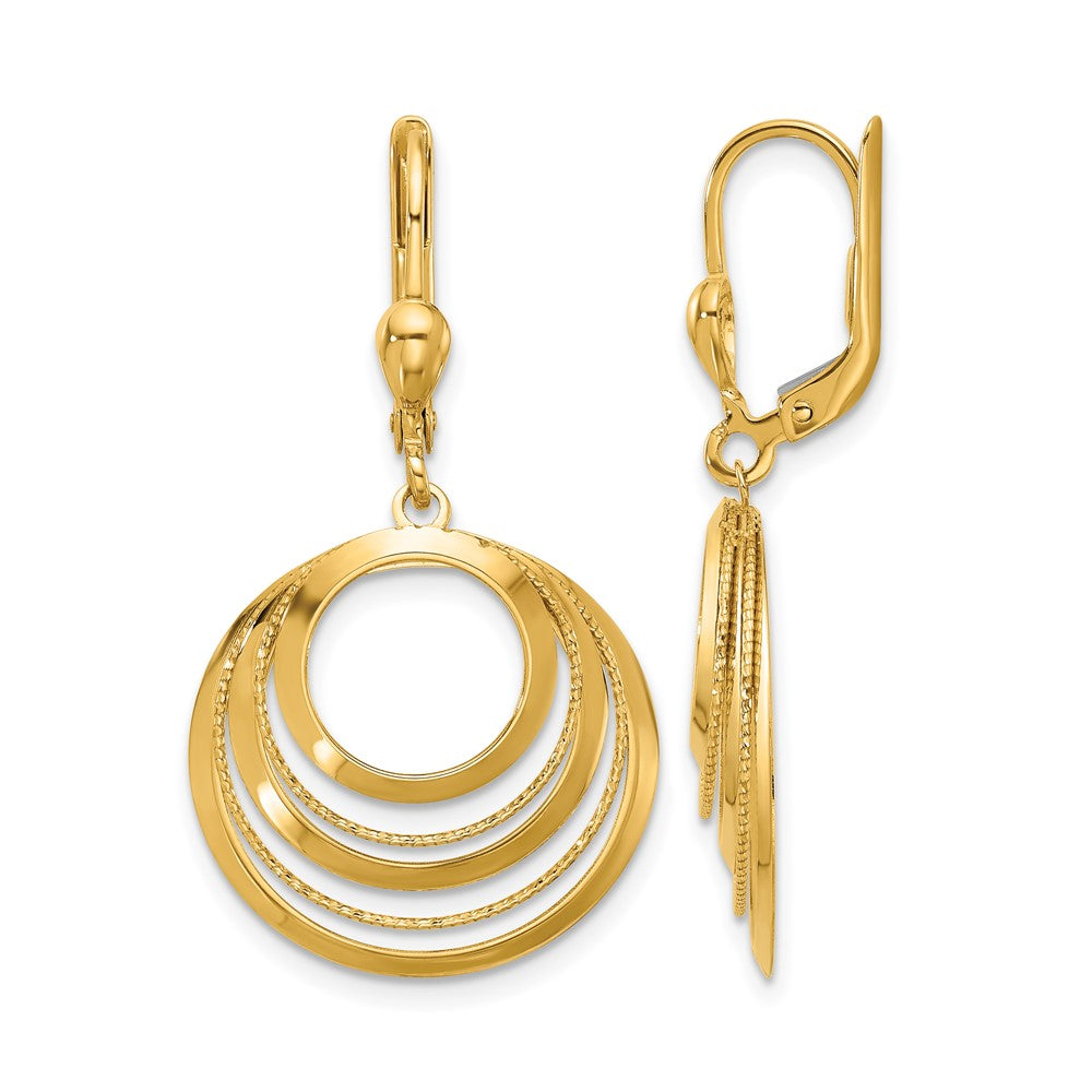 14K Polished and Diamond-cut Circles Dangle Leverback Earrings