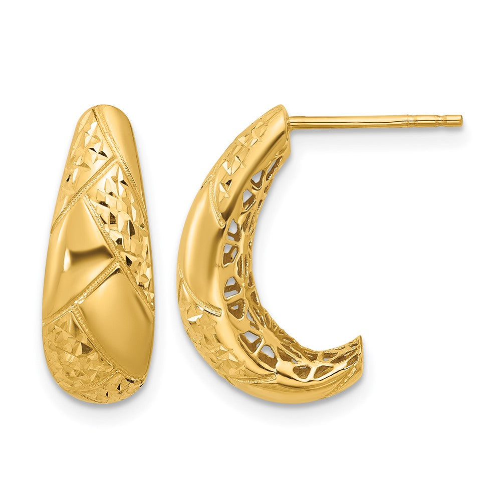 14K Polished and Diamond-cut J-Hoop Earrings