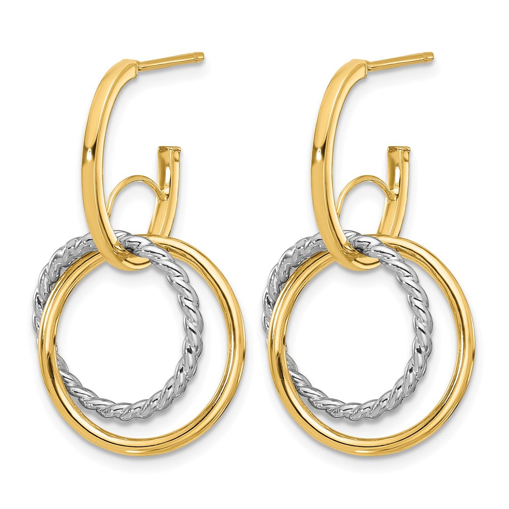 14K w/Rhodium Polished/Twisted Circles J-Hoop Post Earrings
