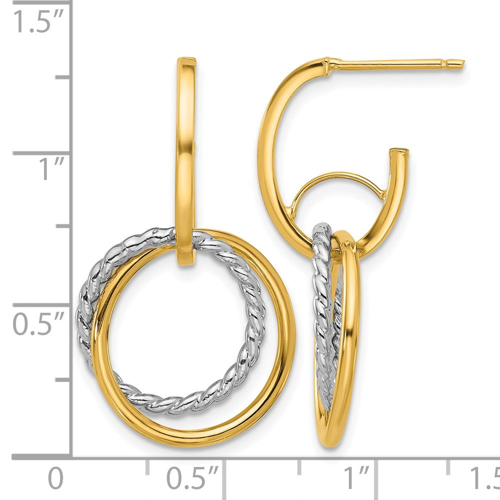 14K w/Rhodium Polished/Twisted Circles J-Hoop Post Earrings