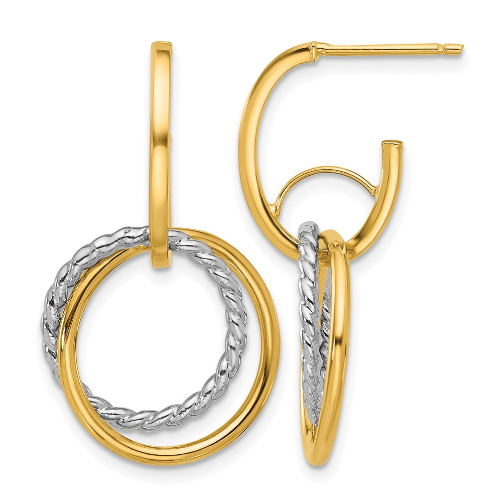 14K w/Rhodium Polished/Twisted Circles J-Hoop Post Earrings
