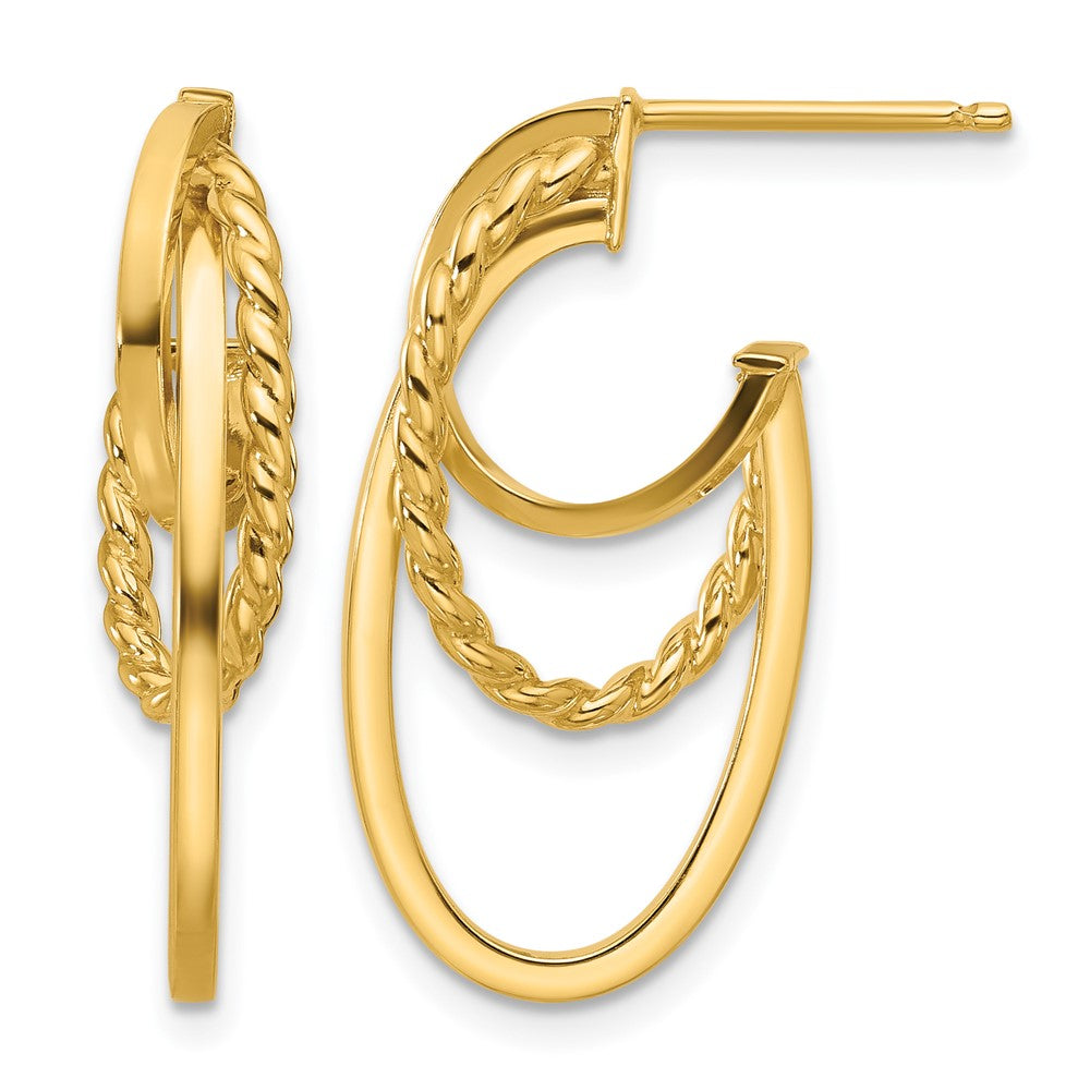 14K Polished and Twisted Oval J-Hoop Post Earrings