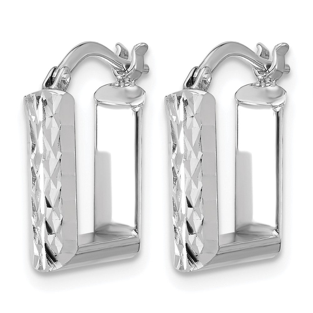 14K w/White RH-plat Polished/Dia-cut Square Hoop Earrings