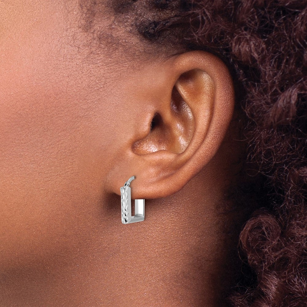 14K w/White RH-plat Polished/Dia-cut Square Hoop Earrings