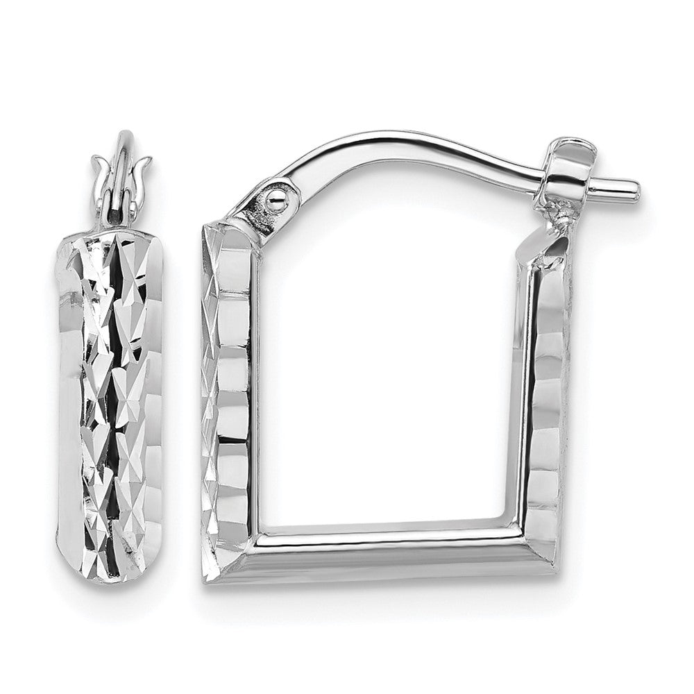 14K w/White RH-plat Polished/Dia-cut Square Hoop Earrings