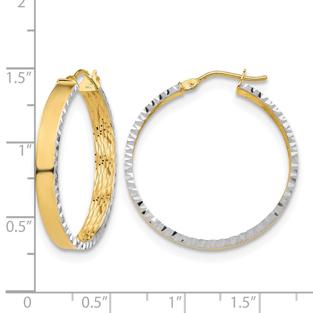 14K W/White Rhodium Polished and Diamond-cut Hoop Earrings