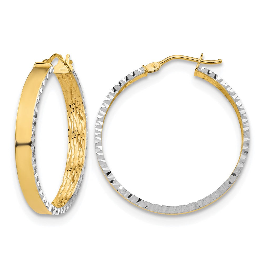 14K W/White Rhodium Polished and Diamond-cut Hoop Earrings