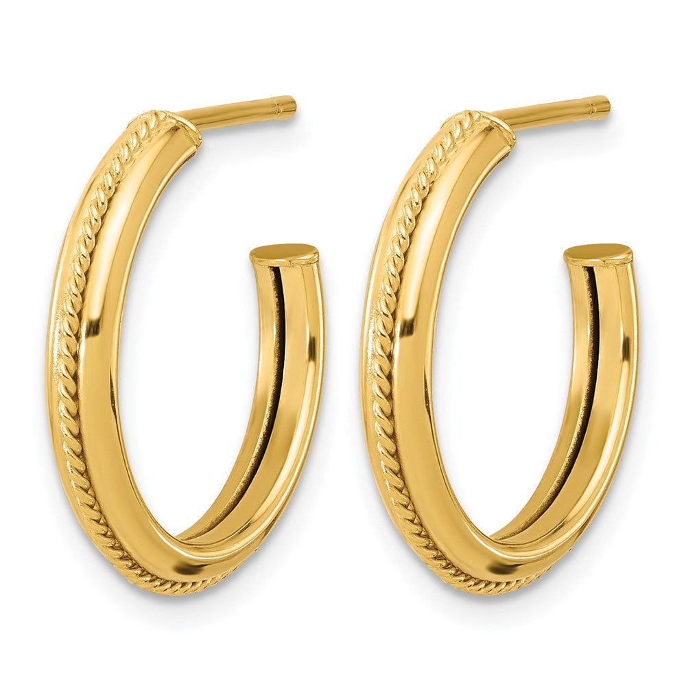 14K Polished and Textured Round J-Hoop Earrings