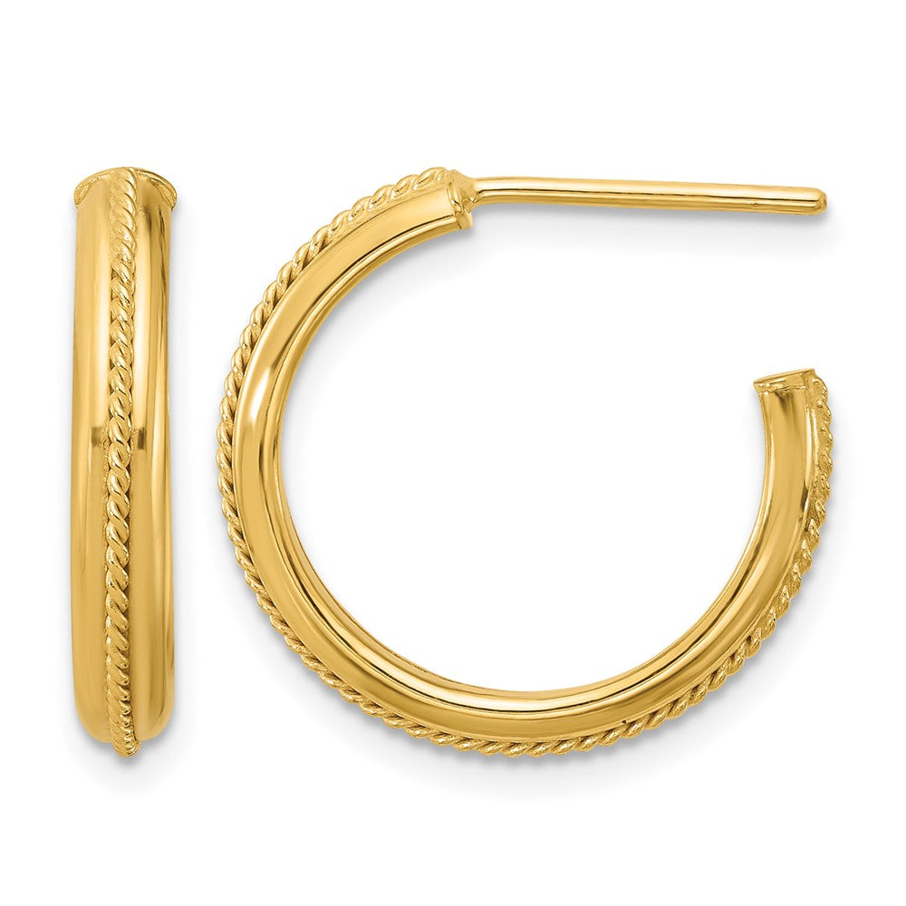 14K Polished and Textured Round J-Hoop Earrings