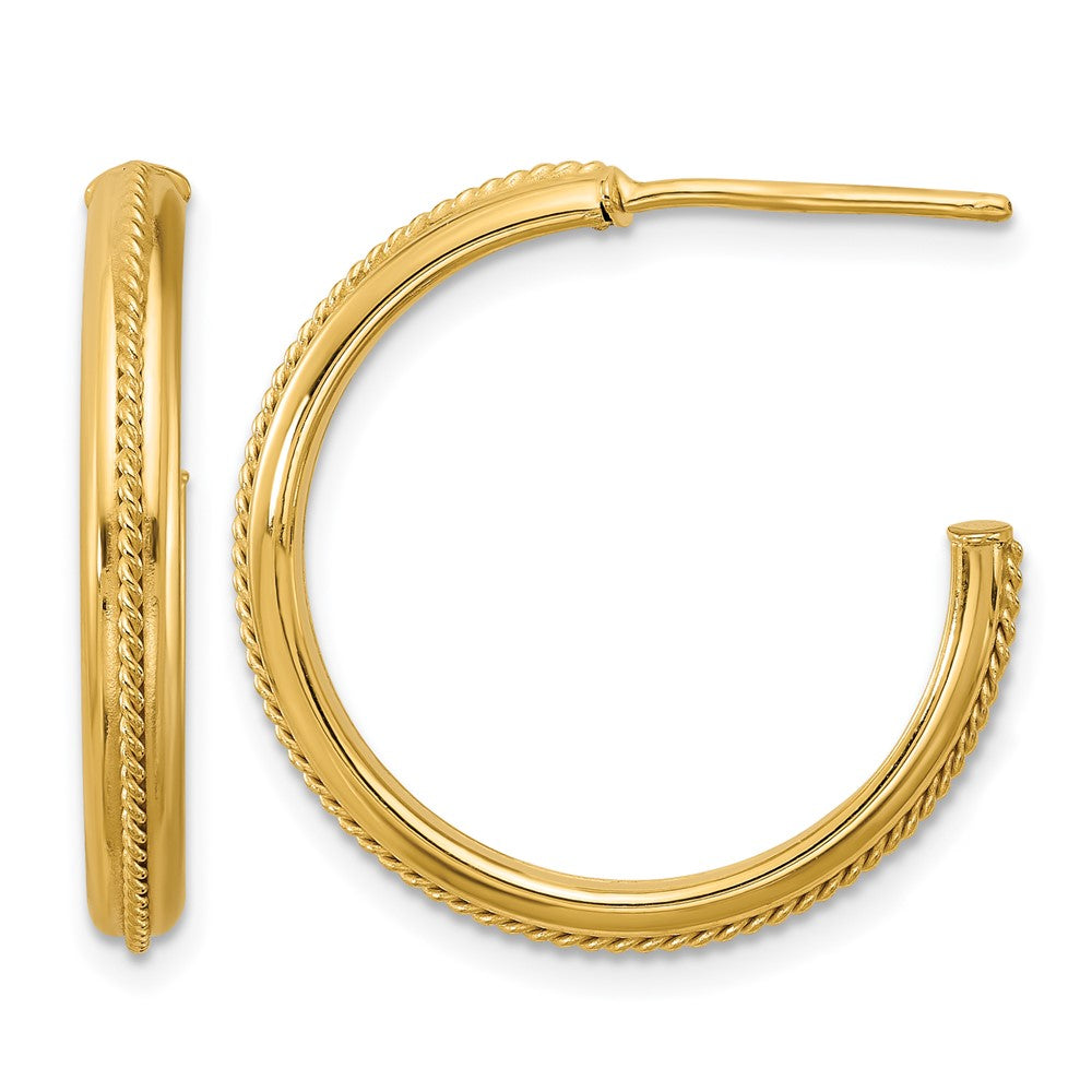 14K Polished and Textured Round J-Hoop Earrings