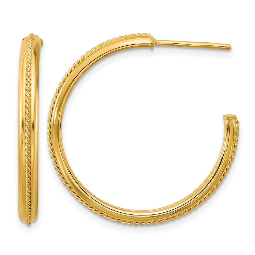14K Polished and Textured Round J-Hoop Earrings