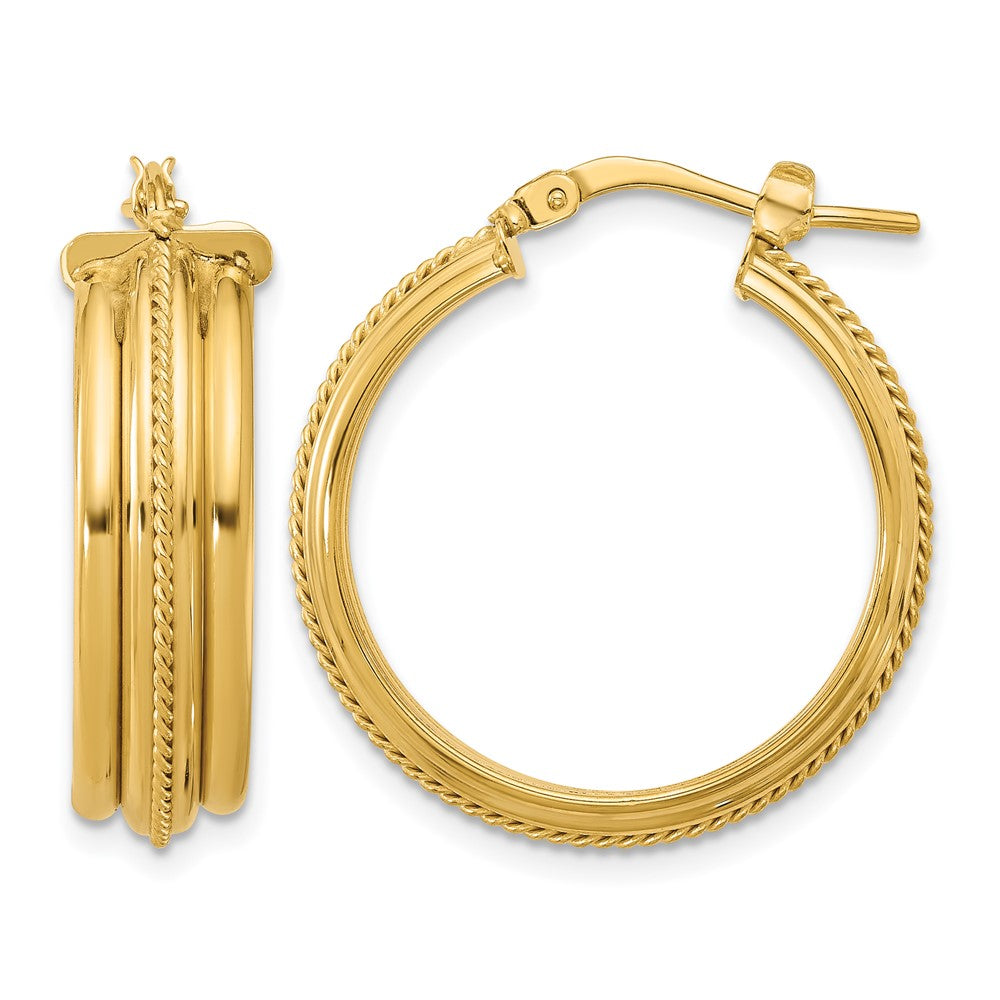14K Polished and Textured Round Hoop Earrings