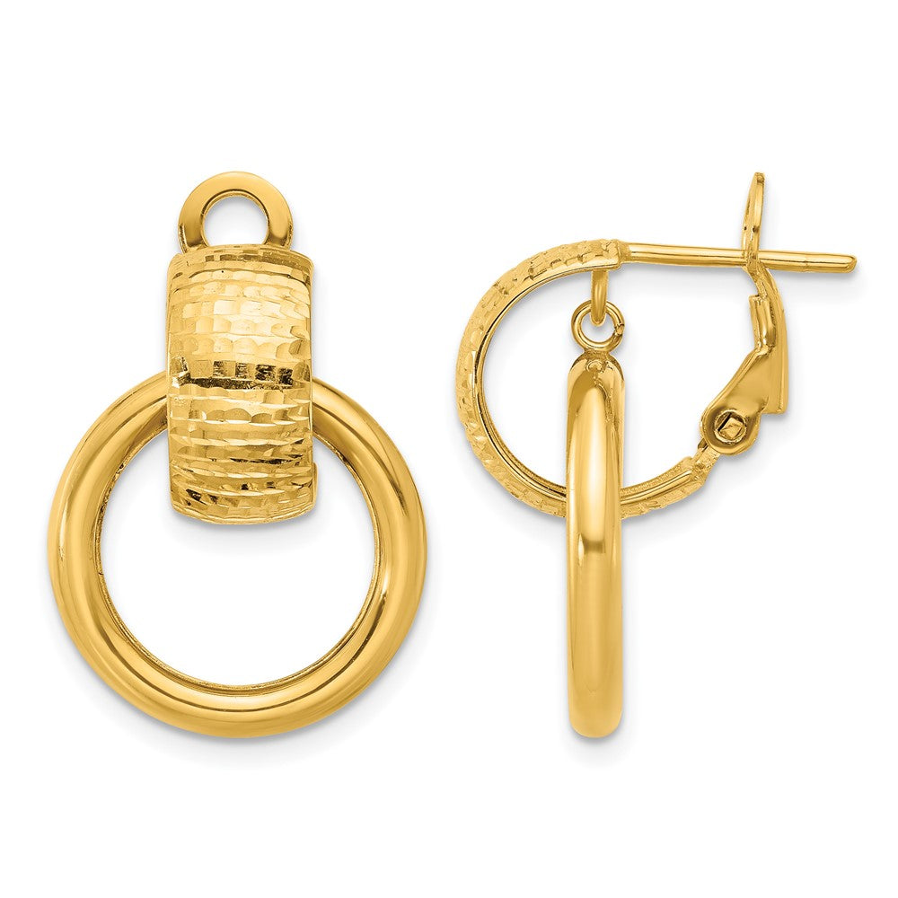 14K Polished and D/C Circle Dangle Omega Back Earrings