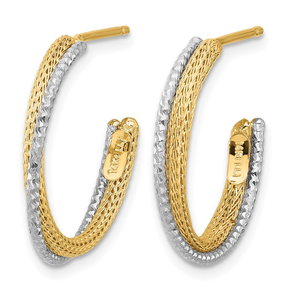 14K w/Rhodium Polished/Textured/Dia-cut J-Hoop Earrings