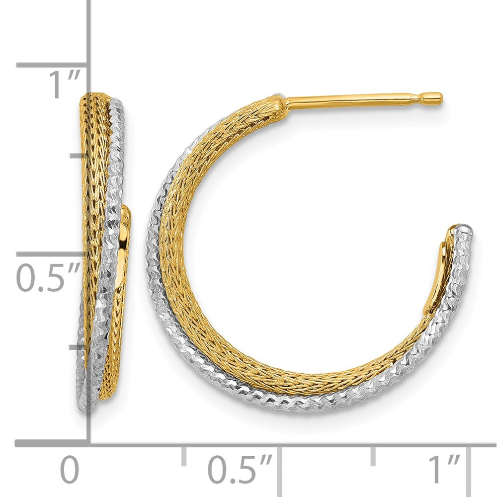 14K w/Rhodium Polished/Textured/Dia-cut J-Hoop Earrings