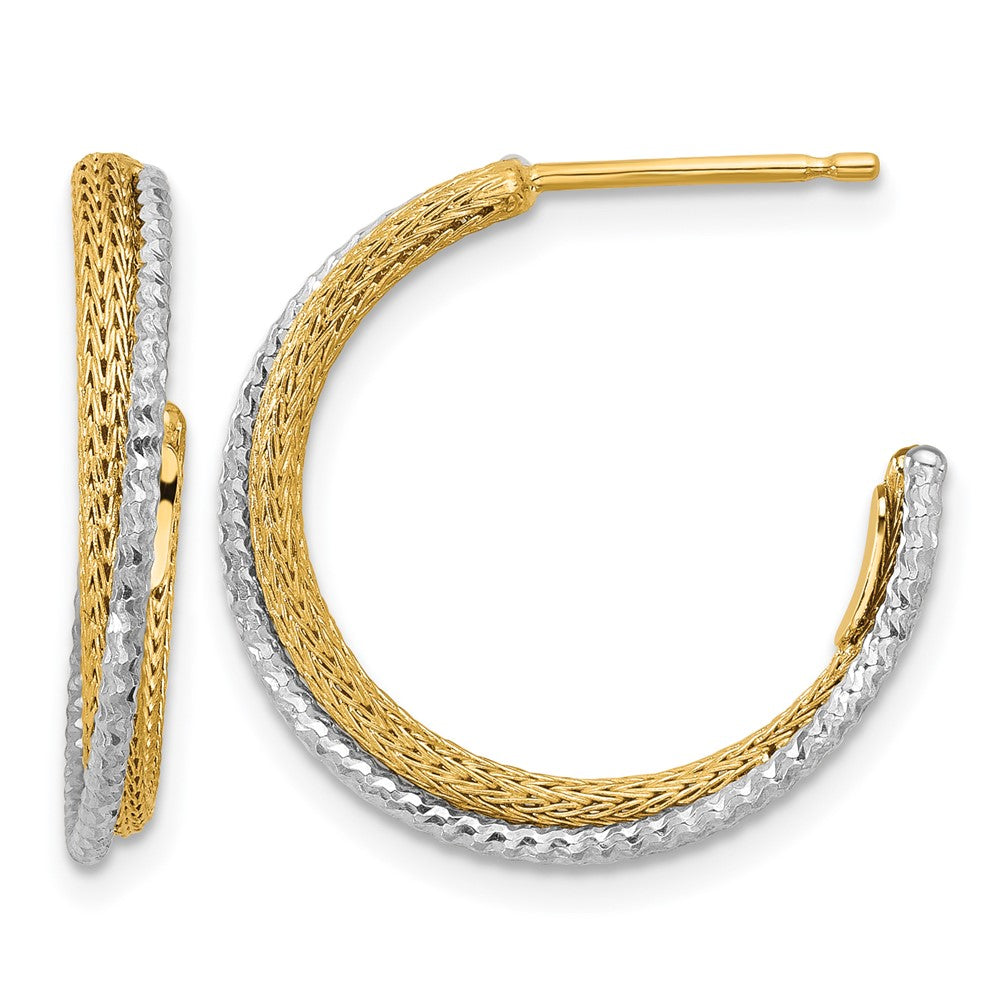 14K w/Rhodium Polished/Textured/Dia-cut J-Hoop Earrings