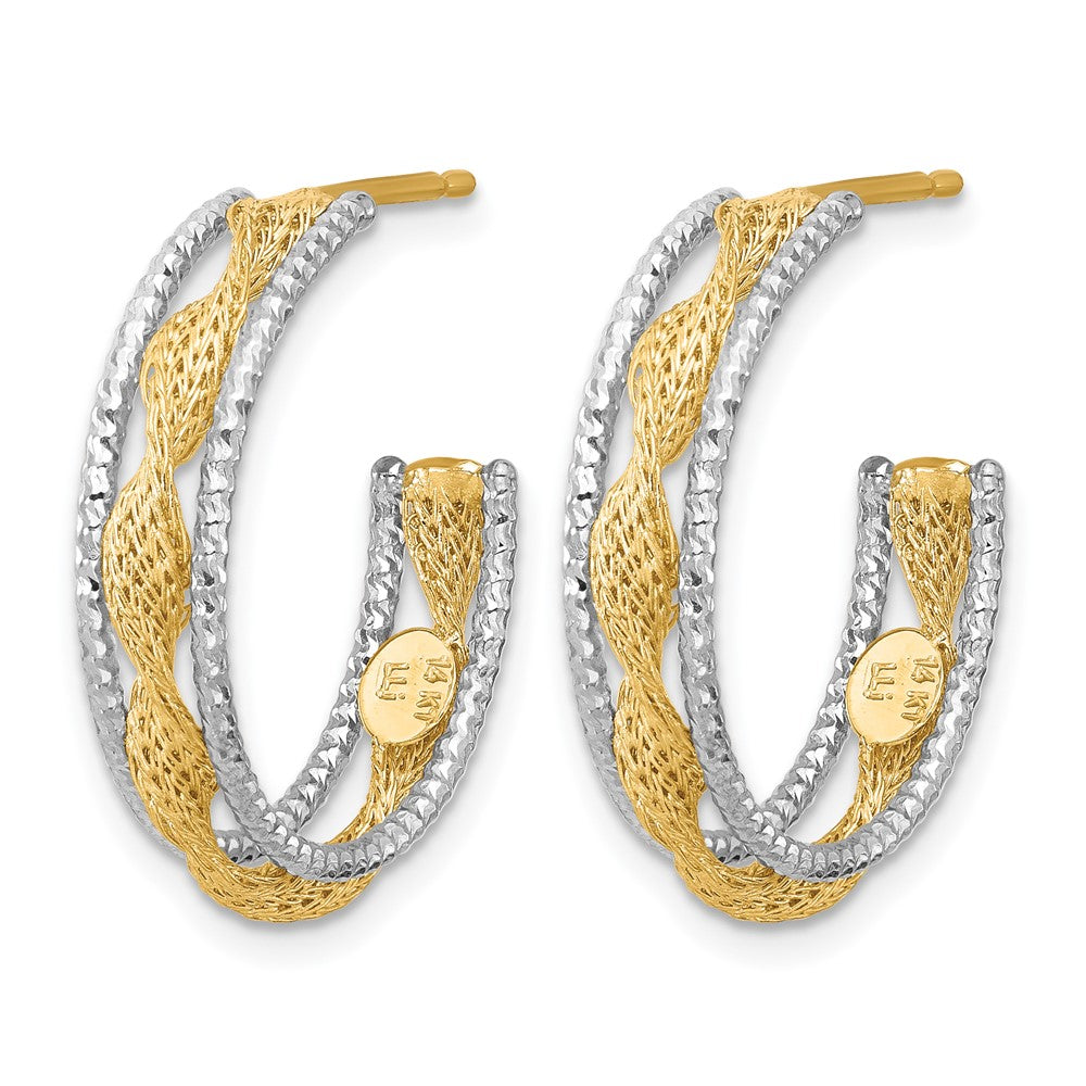 14K w/Rhodium Polished/Textured/Dia-cut Twist J-Hoop Earrings