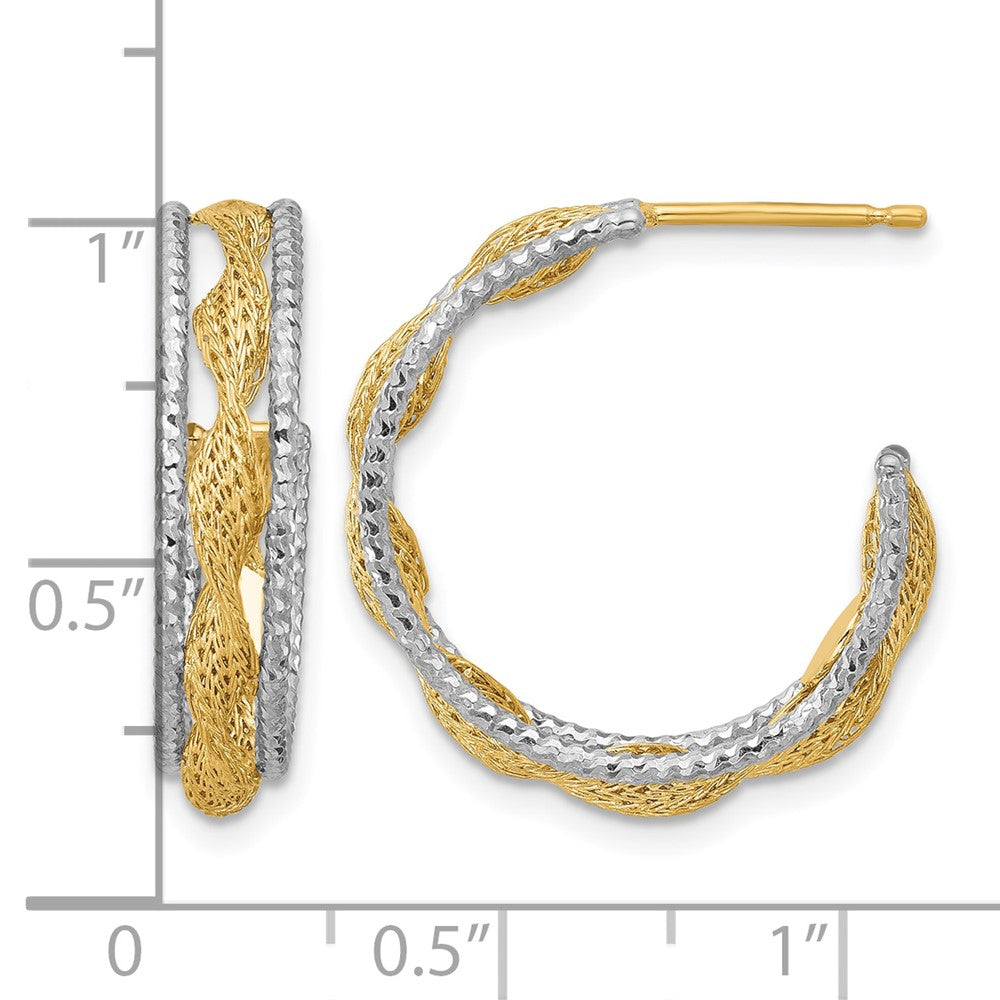 14K w/Rhodium Polished/Textured/Dia-cut Twist J-Hoop Earrings