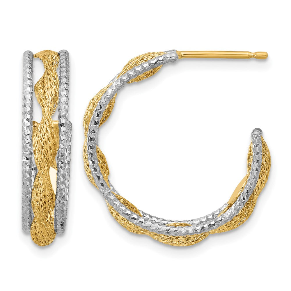 14K w/Rhodium Polished/Textured/Dia-cut Twist J-Hoop Earrings